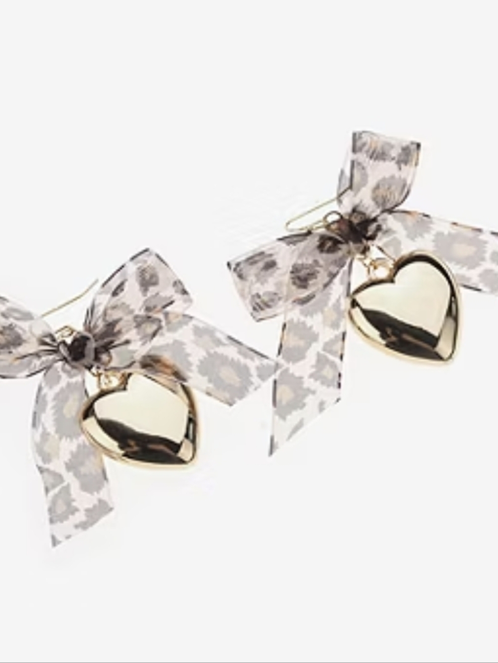 Gold Heart Drop Earrings with Leopard Print Bow Accent